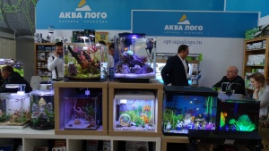 На стенде ОК АКВА ЛОГО было много оформленных небольших аквариумов из различных серий: Prime, Gloxy и новые аквариумы Atman.